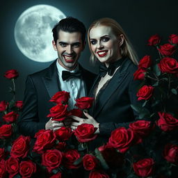 An enigmatic vampire couple stands amidst a bed of vivid red roses, proudly showing off their sharp fangs