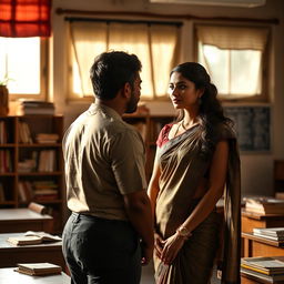 A beautiful and alluring Indian teacher with a sexy figure, wearing a tasteful saree, stands before her male student in a classroom setting