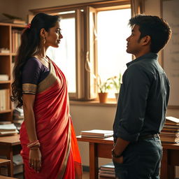 A beautiful and alluring Indian teacher with a sexy figure, wearing a tasteful saree, stands before her male student in a classroom setting