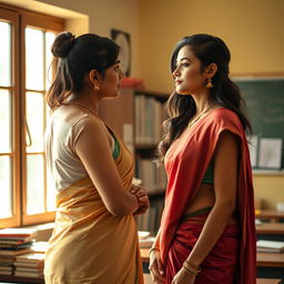 A beautiful and alluring Indian teacher with a sexy figure, wearing a tasteful saree, stands before her male student in a classroom setting