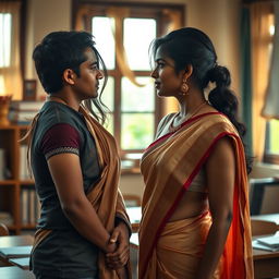 A beautiful and alluring Indian teacher with a sexy figure, wearing a tasteful saree, stands before her male student in a classroom setting