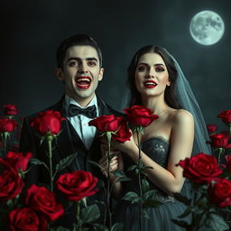 An enigmatic vampire couple standing amidst a field of deep red roses, revealing their sharp vampire fangs