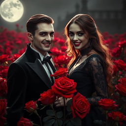 An enigmatic vampire couple standing amidst a field of deep red roses, revealing their sharp vampire fangs