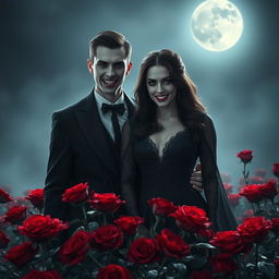 An enigmatic vampire couple standing amidst a field of deep red roses, revealing their sharp vampire fangs