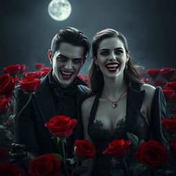 An enigmatic vampire couple standing amidst a field of deep red roses, revealing their sharp vampire fangs