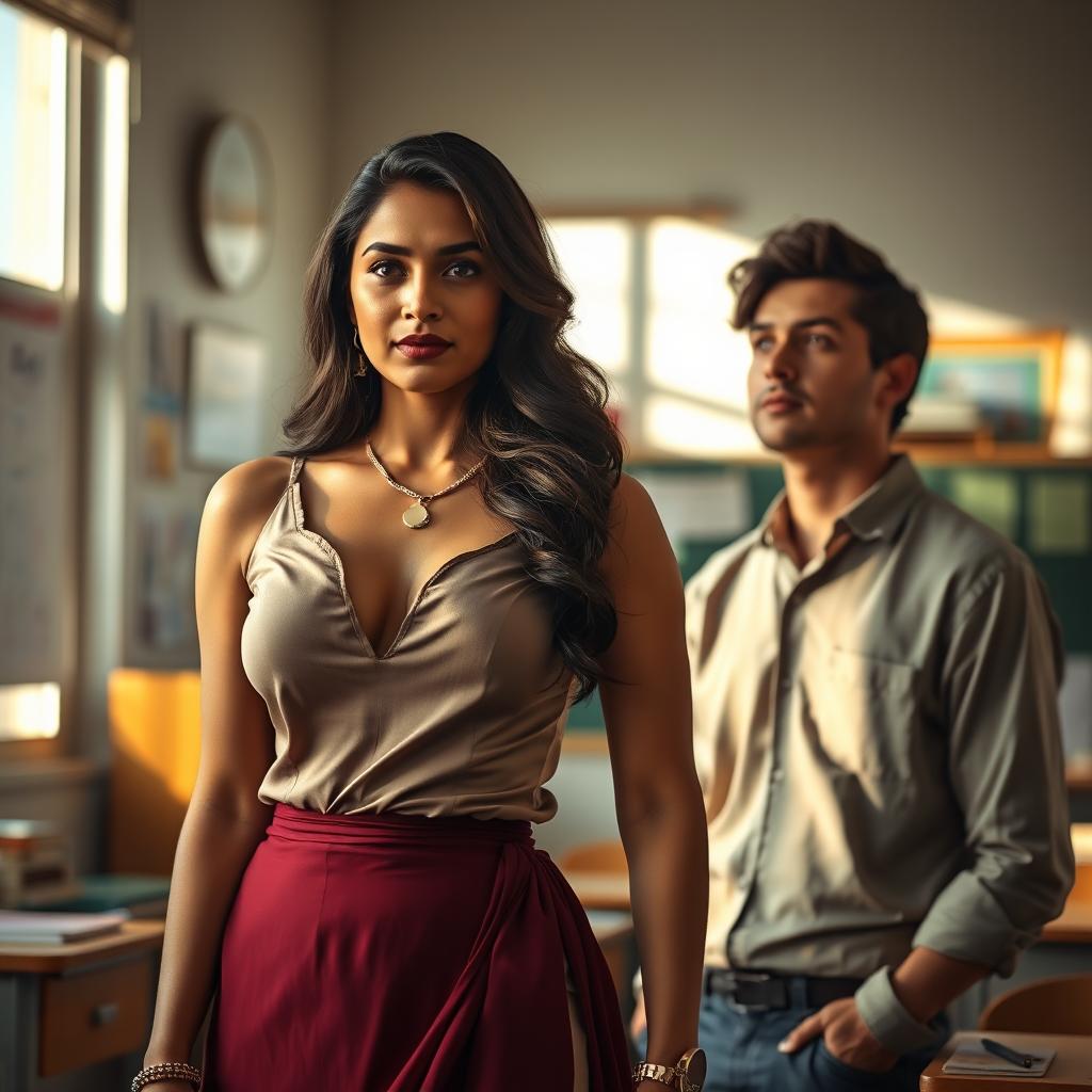 A beautiful and alluring Indian teacher with a sexy figure, wearing a stylish yet modest attire, stands in a softly lit classroom, her presence exuding both authority and charm