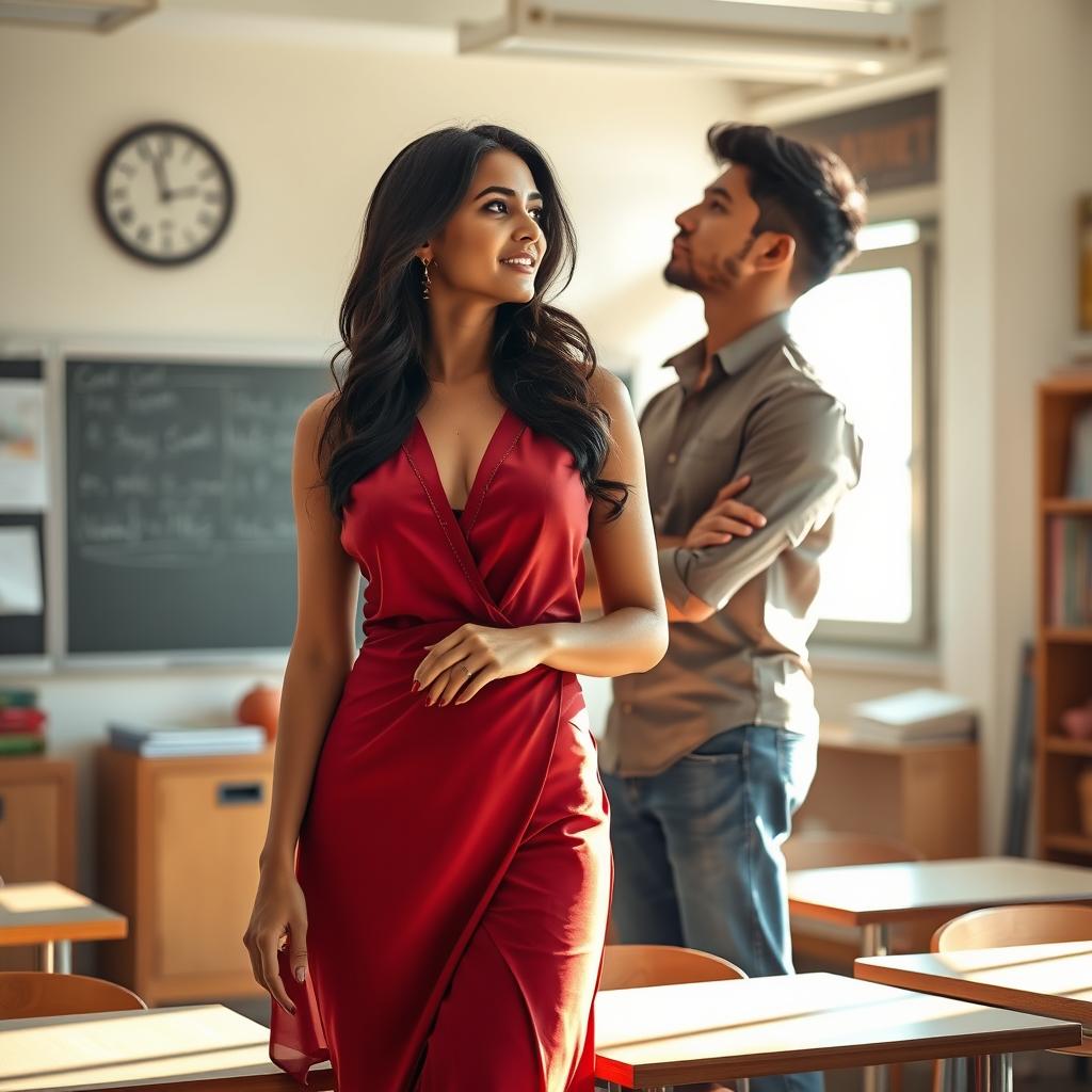 A beautiful and alluring Indian teacher with a sexy figure, wearing a stylish yet modest attire, stands in a softly lit classroom, her presence exuding both authority and charm