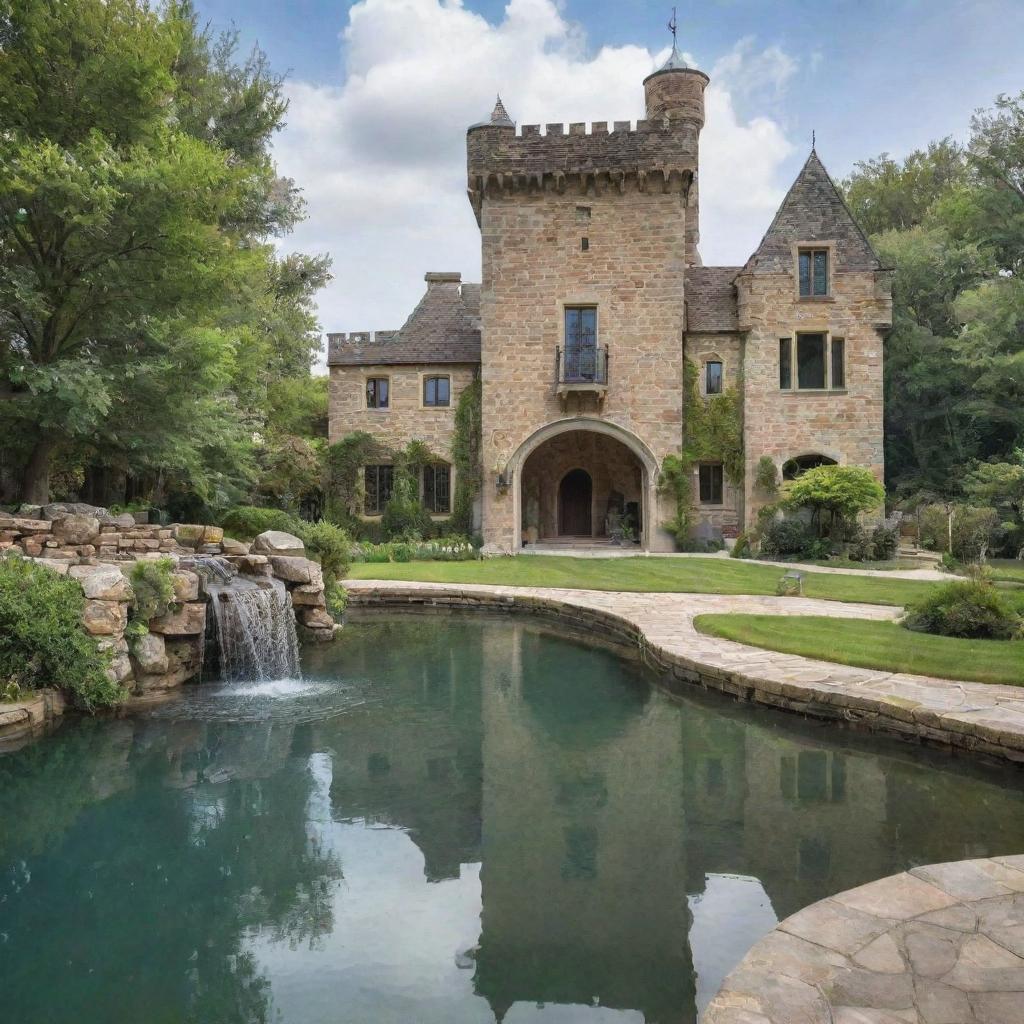 A modern home designed like a castle, situated near a captivating natural pond. The house also boasts a luxurious outdoor swimming pool and a refreshing outdoor shower.