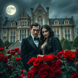 An enigmatic vampire couple standing amidst a bed of deep red roses with an ancient, grand mansion in the background