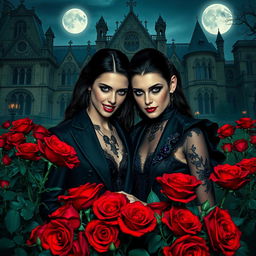 An enigmatic vampire couple standing amidst a bed of deep red roses with an ancient, grand mansion in the background