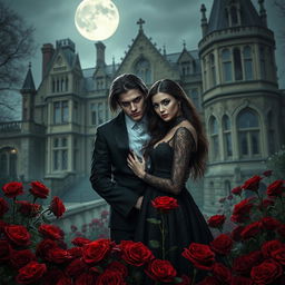 An enigmatic vampire couple standing amidst a bed of deep red roses with an ancient, grand mansion in the background