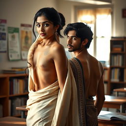 A beautiful Indian teacher with an alluring figure, elegantly draped in a backless saree, standing in a softly illuminated classroom