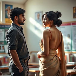 A beautiful Indian teacher with an alluring figure, elegantly draped in a backless saree, standing in a softly illuminated classroom