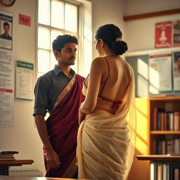 A beautiful Indian teacher with an alluring figure, elegantly draped in a backless saree, standing in a softly illuminated classroom