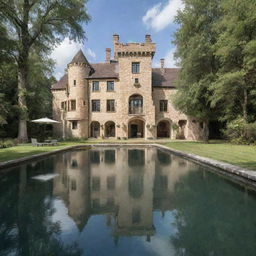 A modern home designed like a castle, situated near a captivating natural pond. The house also boasts a luxurious outdoor swimming pool and a refreshing outdoor shower.