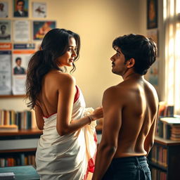 A beautiful Indian teacher with an alluring figure, elegantly draped in a backless saree, standing in a softly illuminated classroom