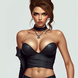 A realistic depiction of a 21-year-old woman with beautiful features, wearing a sexy and hot outfit that accentuates her figure