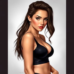 A realistic depiction of a 21-year-old woman with beautiful features, wearing a sexy and hot outfit that accentuates her figure