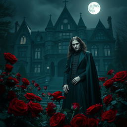 An enigmatic vampire couple stands amidst a bed of deep red roses with a grand, Gothic-style mansion looming in the background