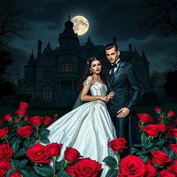 An enigmatic vampire couple stands amidst a bed of deep red roses with a grand, Gothic-style mansion looming in the background