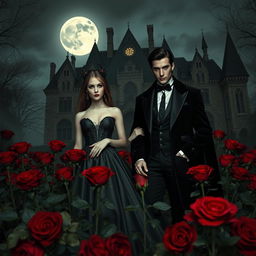 An enigmatic vampire couple stands amidst a bed of deep red roses with a grand, Gothic-style mansion looming in the background