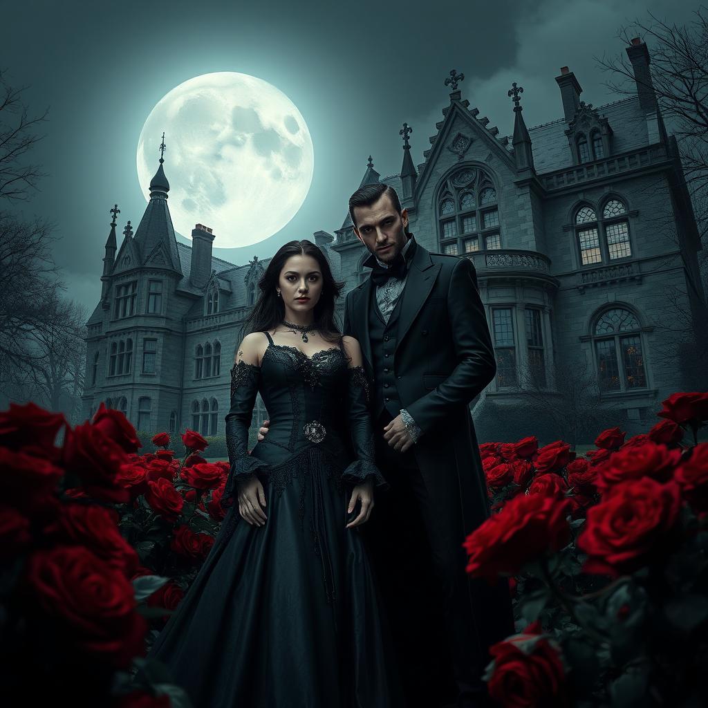 An enigmatic vampire couple stands amidst a bed of deep red roses with a grand, Gothic-style mansion looming in the background