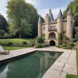 A modern home designed like a castle, situated near a captivating natural pond. The house also boasts a luxurious outdoor swimming pool and a refreshing outdoor shower.