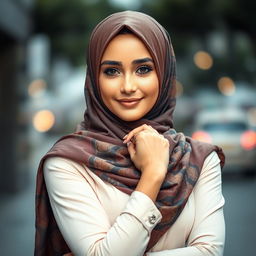 A confident and stylish woman wearing a beautifully draped hijab, exuding elegance and grace