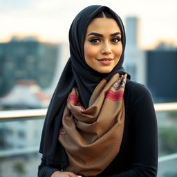 A confident and stylish woman wearing a beautifully draped hijab, exuding elegance and grace