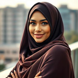 A confident and stylish woman wearing a beautifully draped hijab, exuding elegance and grace