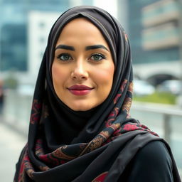 A confident and stylish woman wearing a beautifully draped hijab, exuding elegance and grace