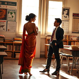 A stunning Indian teacher with an alluring figure, gracefully dressed in a backless saree paired with high heels, exuding sophistication and charm in a softly illuminated classroom