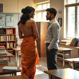 A stunning Indian teacher with an alluring figure, gracefully dressed in a backless saree paired with high heels, exuding sophistication and charm in a softly illuminated classroom