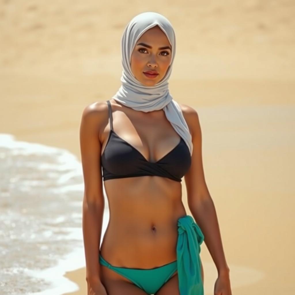 A confident and stylish woman wearing an elegant hijab paired with a fashionable bikini, showcasing a contemporary fusion of styles