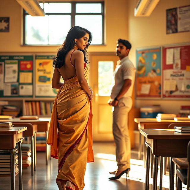 A beautiful Indian teacher with an alluring figure, elegantly dressed in a backless saree and stylish high heels, gracefully standing in a warmly lit classroom