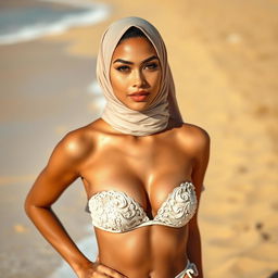 A confident and stylish woman wearing an elegant hijab paired with a fashionable bikini, showcasing a contemporary fusion of styles