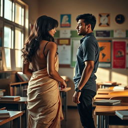 A beautiful Indian teacher with an alluring figure, elegantly dressed in a backless saree and stylish high heels, gracefully standing in a warmly lit classroom