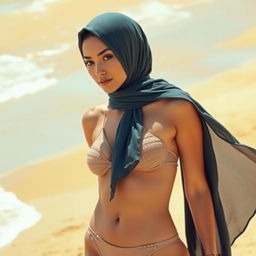 A confident and stylish woman wearing an elegant hijab paired with a fashionable bikini, showcasing a contemporary fusion of styles