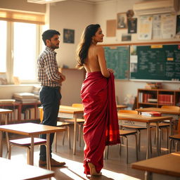 A beautiful Indian teacher with an alluring figure, elegantly dressed in a backless saree and stylish high heels, gracefully standing in a warmly lit classroom