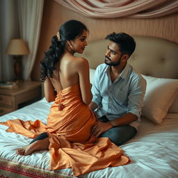 A beautiful Indian teacher with an alluring figure, elegantly dressed in a backless saree and stylish high heels, seated on a bed with a mature young adult male student