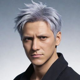 Create a character image inspired by Gojo from Jujutsu Kaisen, but with a twist: instead of white hair, give him shiny, flowing brown hair.