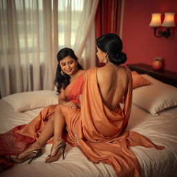 A beautiful Indian teacher with an alluring figure, elegantly dressed in a backless saree and stylish high heels, seated on a bed with a mature young adult male student