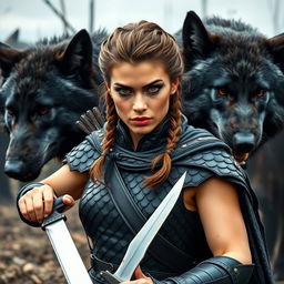 A fierce battlefield in the backdrop with a 27-year-old bronze-skinned woman, featuring slightly wavy brown hair styled in a Viking-inspired braided hairstyle