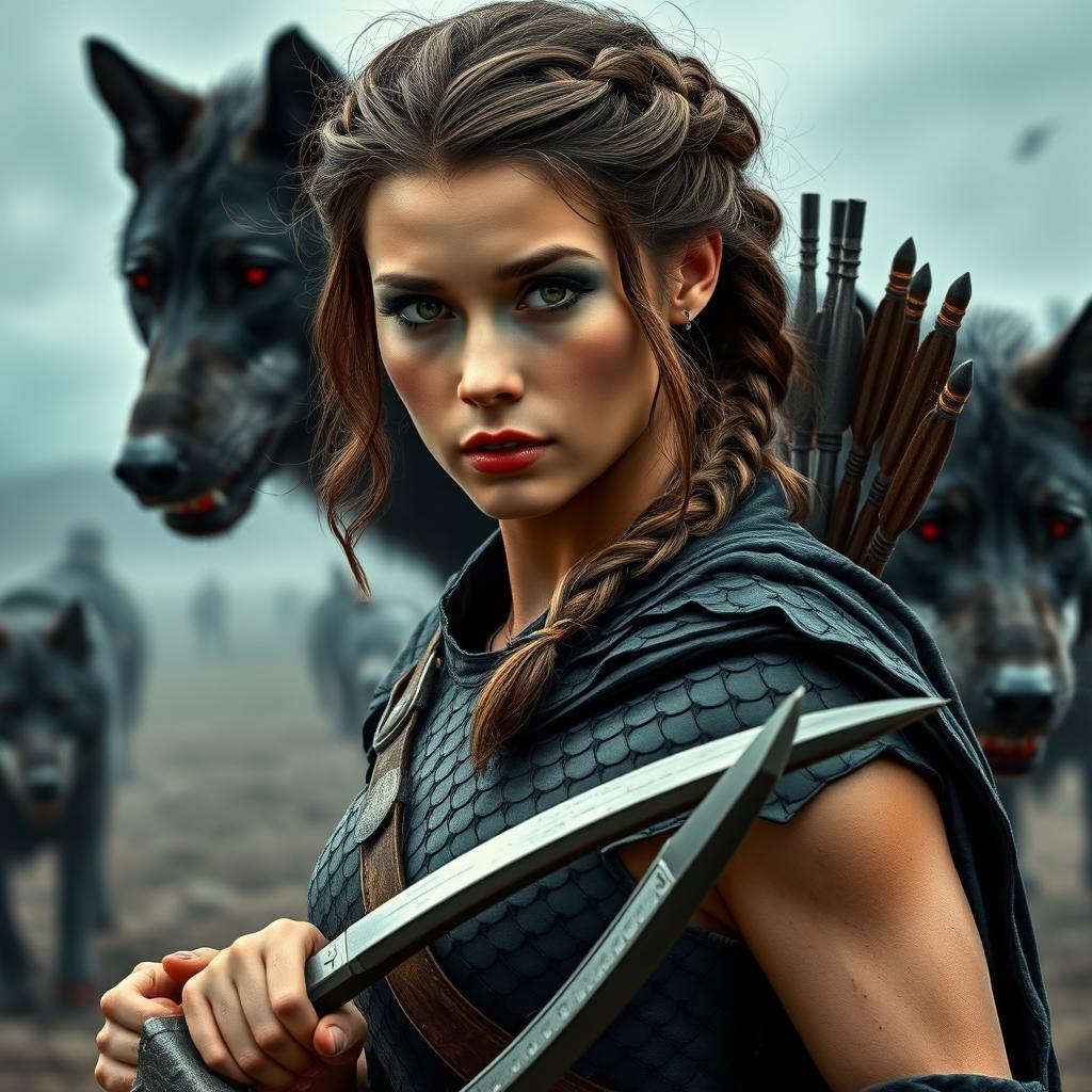 A fierce battlefield in the backdrop with a 27-year-old bronze-skinned woman, featuring slightly wavy brown hair styled in a Viking-inspired braided hairstyle