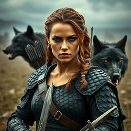 A fierce battlefield in the backdrop with a 27-year-old bronze-skinned woman, featuring slightly wavy brown hair styled in a Viking-inspired braided hairstyle