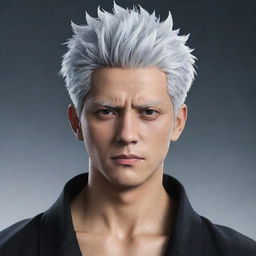 Create a character image inspired by Gojo from Jujutsu Kaisen, but with a twist: instead of white hair, give him shiny, flowing brown hair.