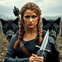 A fierce battlefield in the backdrop with a 27-year-old bronze-skinned woman, featuring slightly wavy brown hair styled in a Viking-inspired braided hairstyle