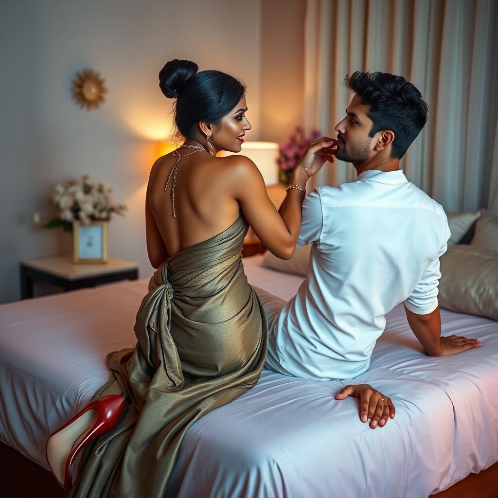 A captivating Indian teacher with an alluring figure, elegantly dressed in a backless saree and stylish high heels, seated on a bed, creating an intimate and romantic setting with a mature young adult male student