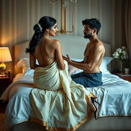 A captivating Indian teacher with an alluring figure, elegantly dressed in a backless saree and stylish high heels, seated on a bed, creating an intimate and romantic setting with a mature young adult male student