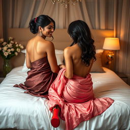 A captivating Indian teacher with an alluring figure, elegantly dressed in a backless saree and stylish high heels, seated on a bed, creating an intimate and romantic setting with a mature young adult male student